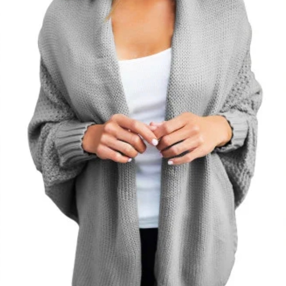 Grey Chunky Knit Open Front Dolman Cardigan